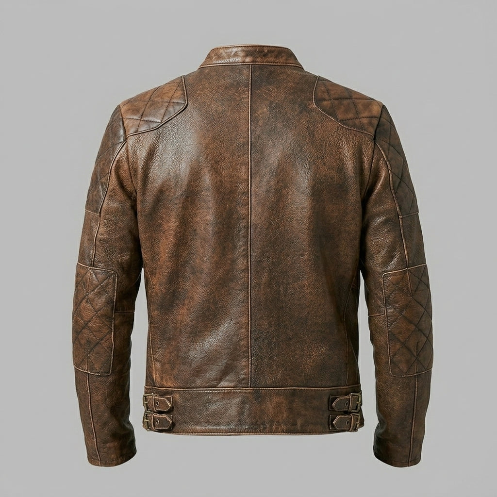 Men’s Brown Distressed Cafe Racer Leather Jacket – Vintage Biker Coat