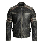 Men’s Distressed Black Cow Leather Biker Jacket – Vintage Quilted Moto Jacket