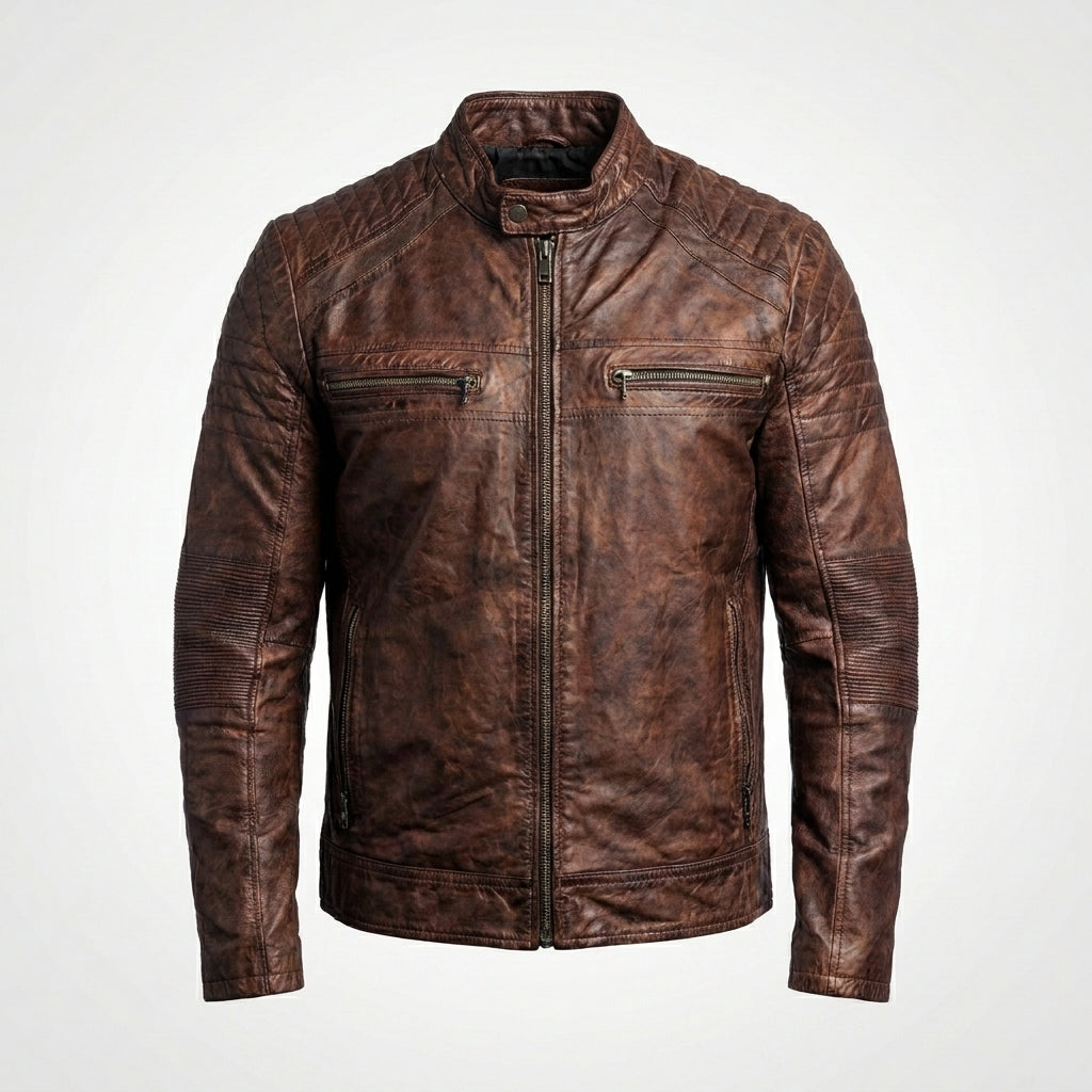 Men’s Coffee Brown Distressed Sheepskin Cafe Racer Leather Jacket