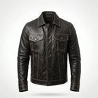 Men’s Dark Brown Leather Trucker Jacket – Contrast Stitch Snap Button Coat
