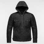 Men’s Matte Black Leather Biker Jacket – Removable Hood Moto Coat
