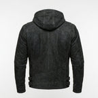 Men’s Matte Black Leather Biker Jacket – Removable Hood Moto Coat