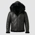 Men’s All Black B-3 Hooded Sheepskin Bomber Jacket – Detachable Shearling Hood