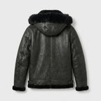 Men’s All Black B-3 Hooded Sheepskin Bomber Jacket – Detachable Shearling Hood