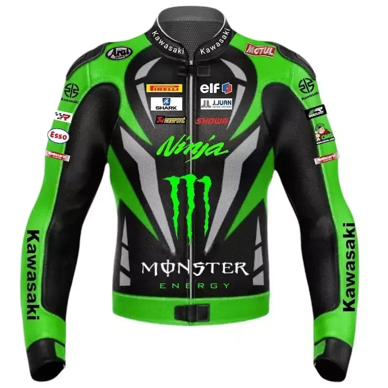 Kawasaki Ninja Monster Energy Motorcycle Genuine Cowhide Leather Jacket