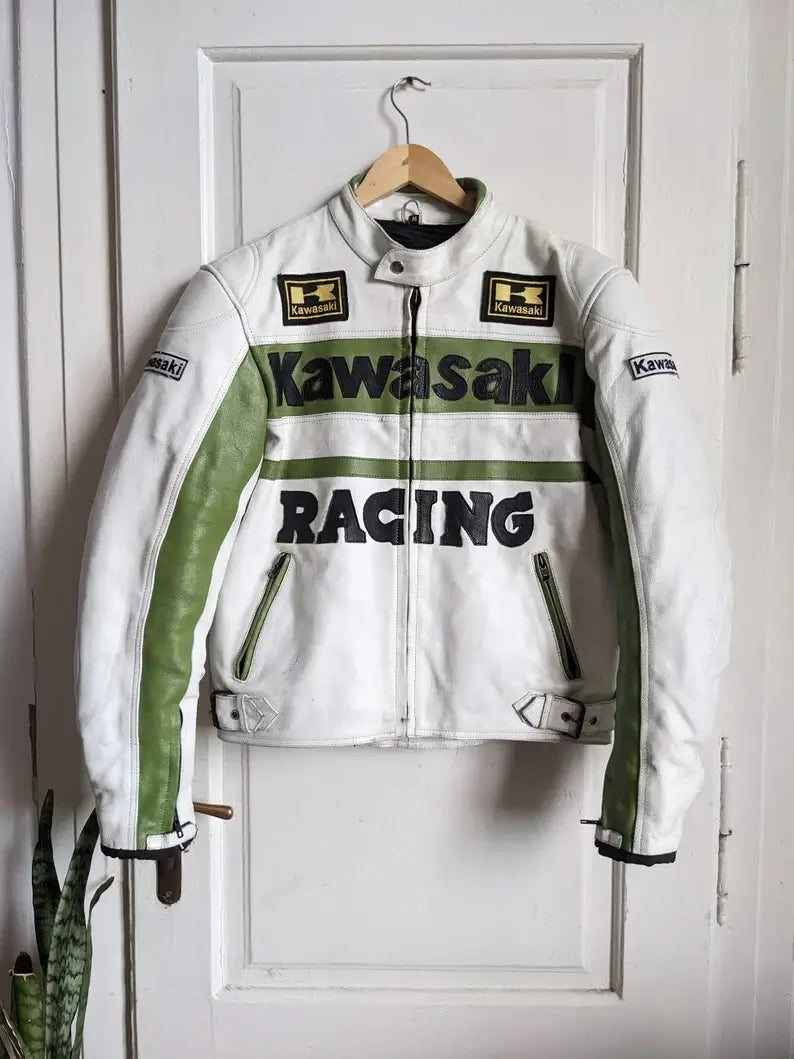 Kawasaki Leather Racing White Motorcycle Biker Leather Jacket