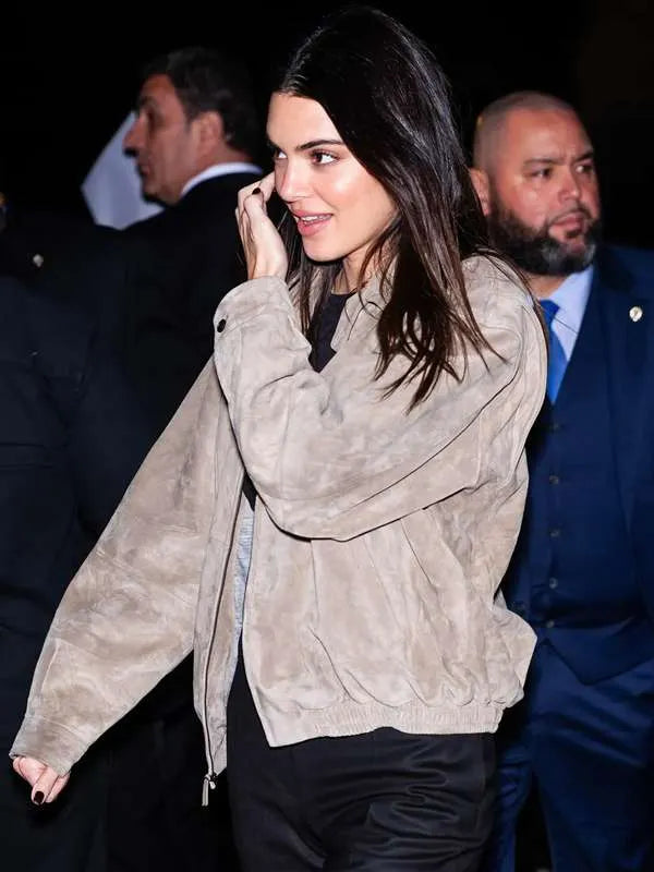Kendall Jenner SNL Afterparty Bomber Suede Leather Jacket
