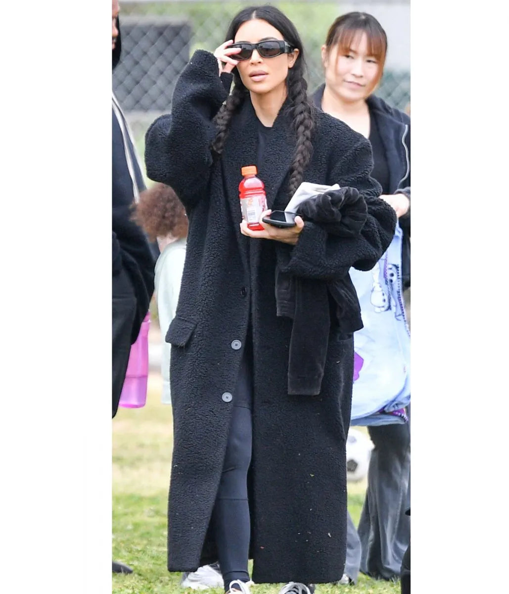 Kim Kardashian Saint’s Soccer Game Black Faux Fur Coat
