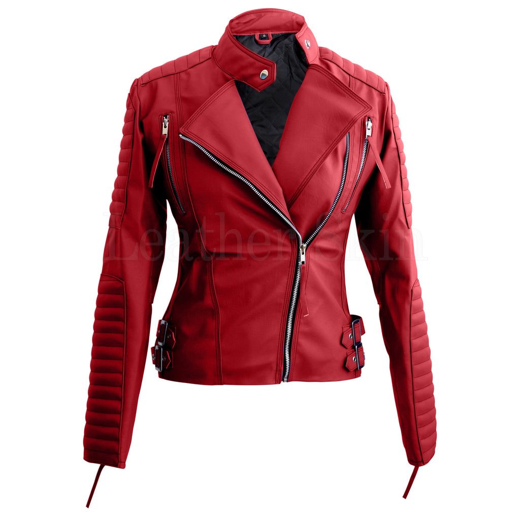 Leather Skin Red Women Ladies Brando Style Synthetic Leather Jacket