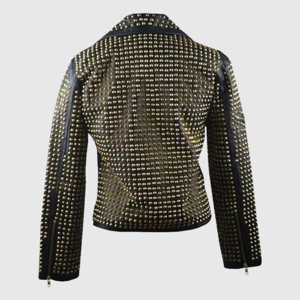 Ladies Black Leather Golden Studded Stylish Jacket Studded Punk Jacket
