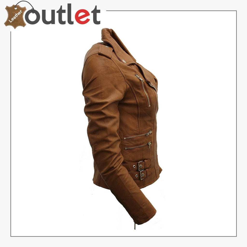 Ladies Tan Real 100% Lamb Nappa Leather Biker Jacket