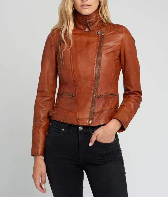 Monica Tan Brown Biker Leather Jacket