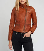 Monica Tan Brown Biker Leather Jacket