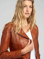 Monica Tan Brown Biker Leather Jacket