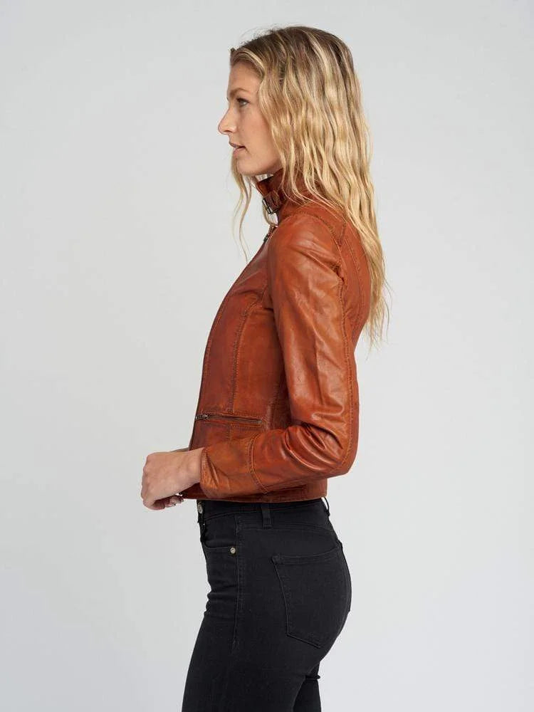 Monica Tan Brown Biker Leather Jacket