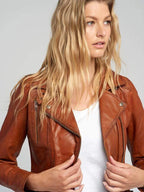 Monica Tan Brown Biker Leather Jacket