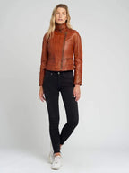 Monica Tan Brown Biker Leather Jacket