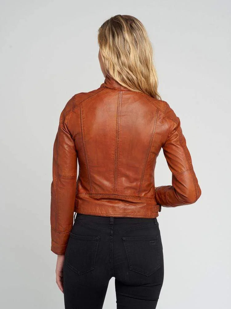 Monica Tan Brown Biker Leather Jacket
