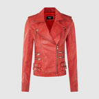 Ladies Leather Biker Red Lamb Nappa Moto Jacket