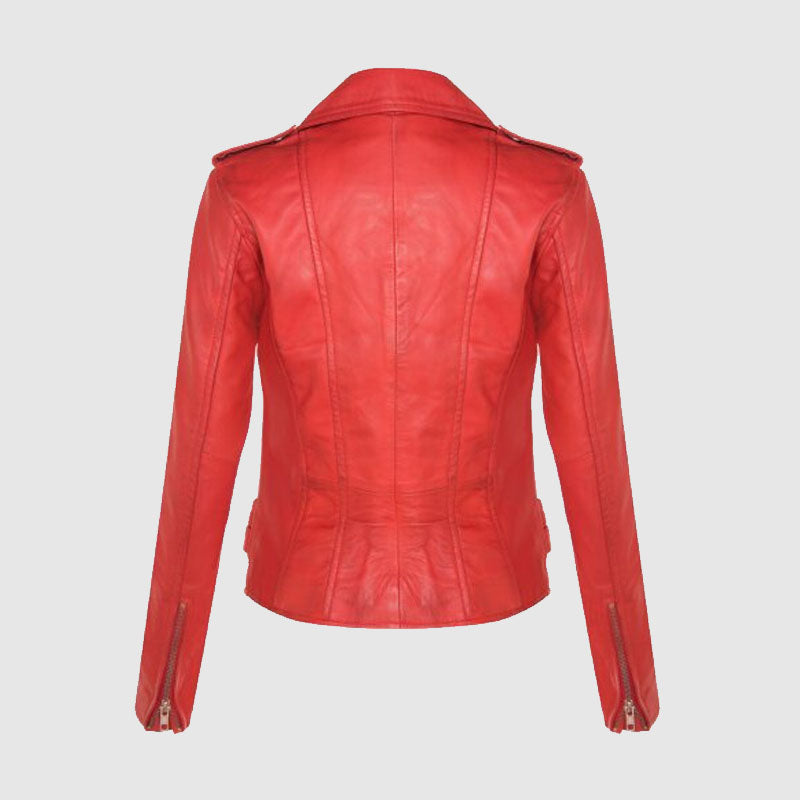 Ladies Leather Biker Red Lamb Nappa Moto Jacket