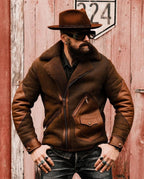 Lambskin Shearling Rancher Biker Jacket Brown