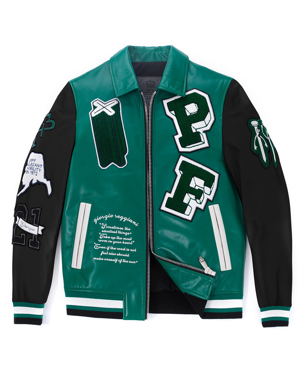 Black-Green Lambskin Letter Patched Leather Varsity Bomber Jacket