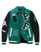 Black-Green Lambskin Letter Patched Leather Varsity Bomber Jacket