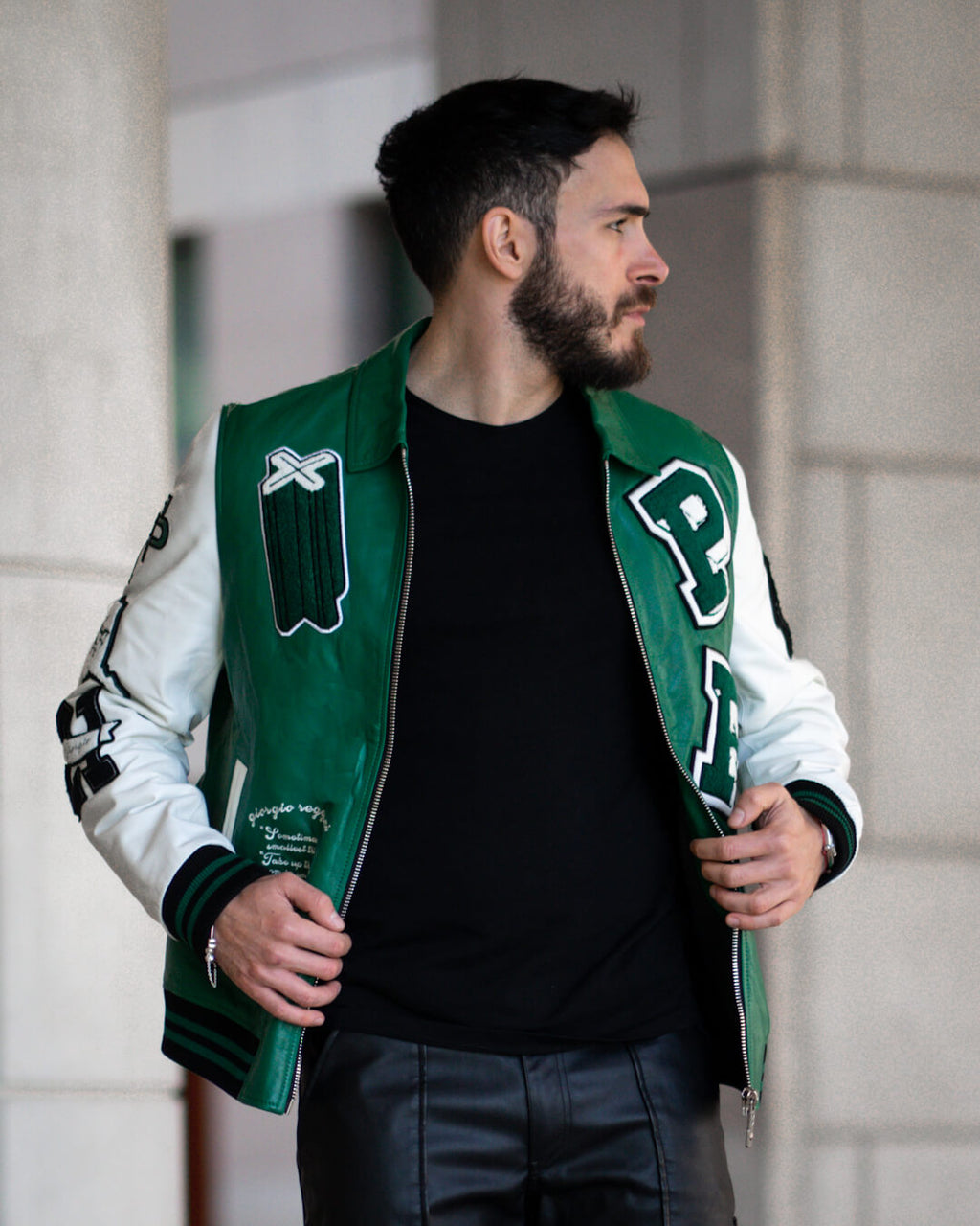 Black-Green Lambskin Letter Patched Leather Varsity Bomber Jacket