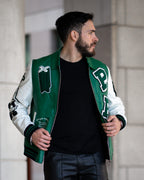 Black-Green Lambskin Letter Patched Leather Varsity Bomber Jacket