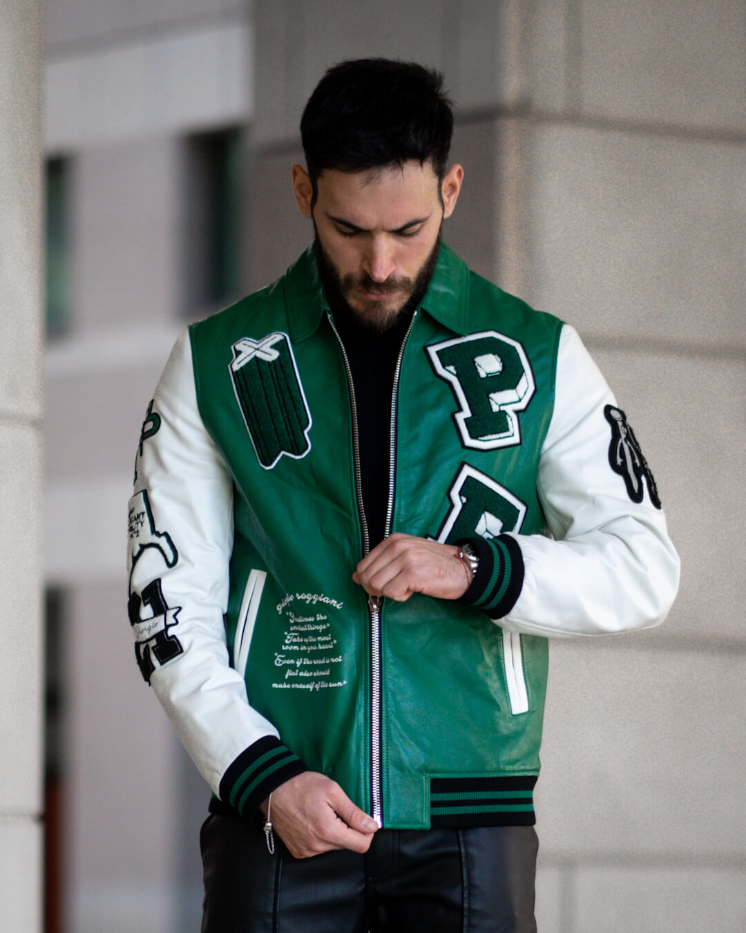 Black-Green Lambskin Letter Patched Leather Varsity Bomber Jacket