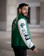 Black-Green Lambskin Letter Patched Leather Varsity Bomber Jacket