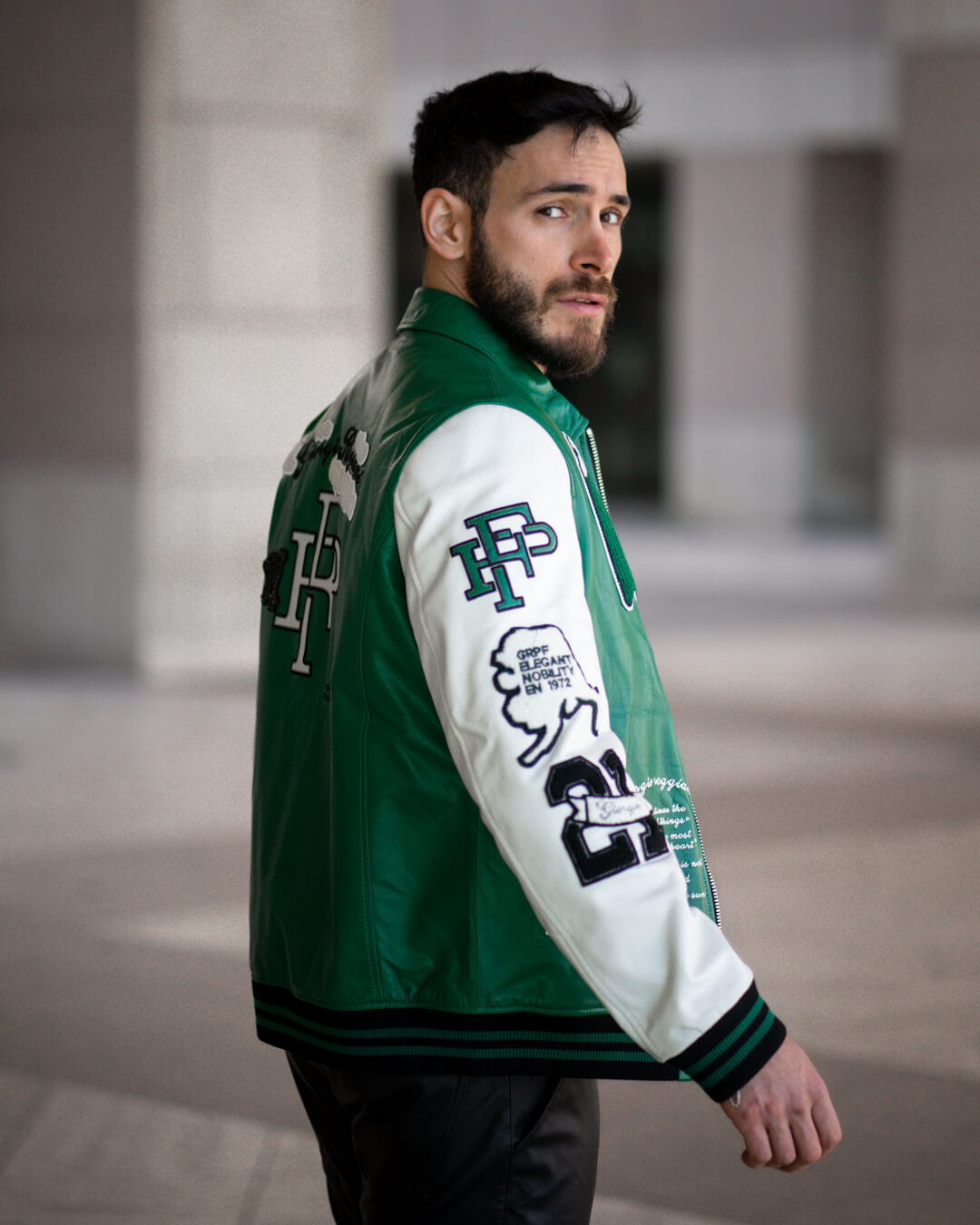 Black-Green Lambskin Letter Patched Leather Varsity Bomber Jacket