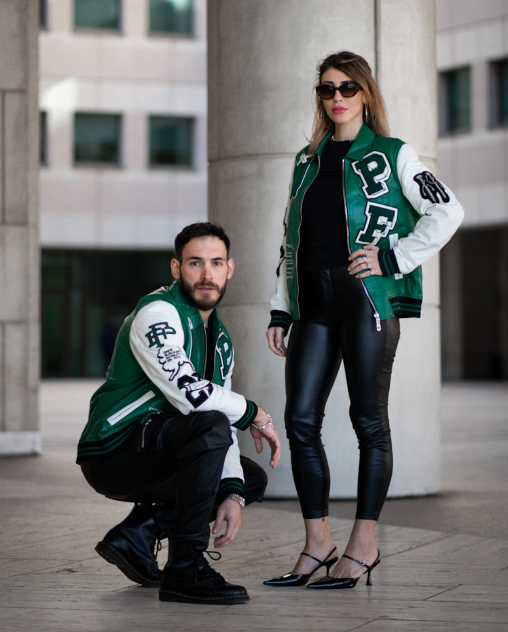 Black-Green Lambskin Letter Patched Leather Varsity Bomber Jacket