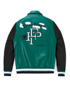 Black-Green Lambskin Letter Patched Leather Varsity Bomber Jacket