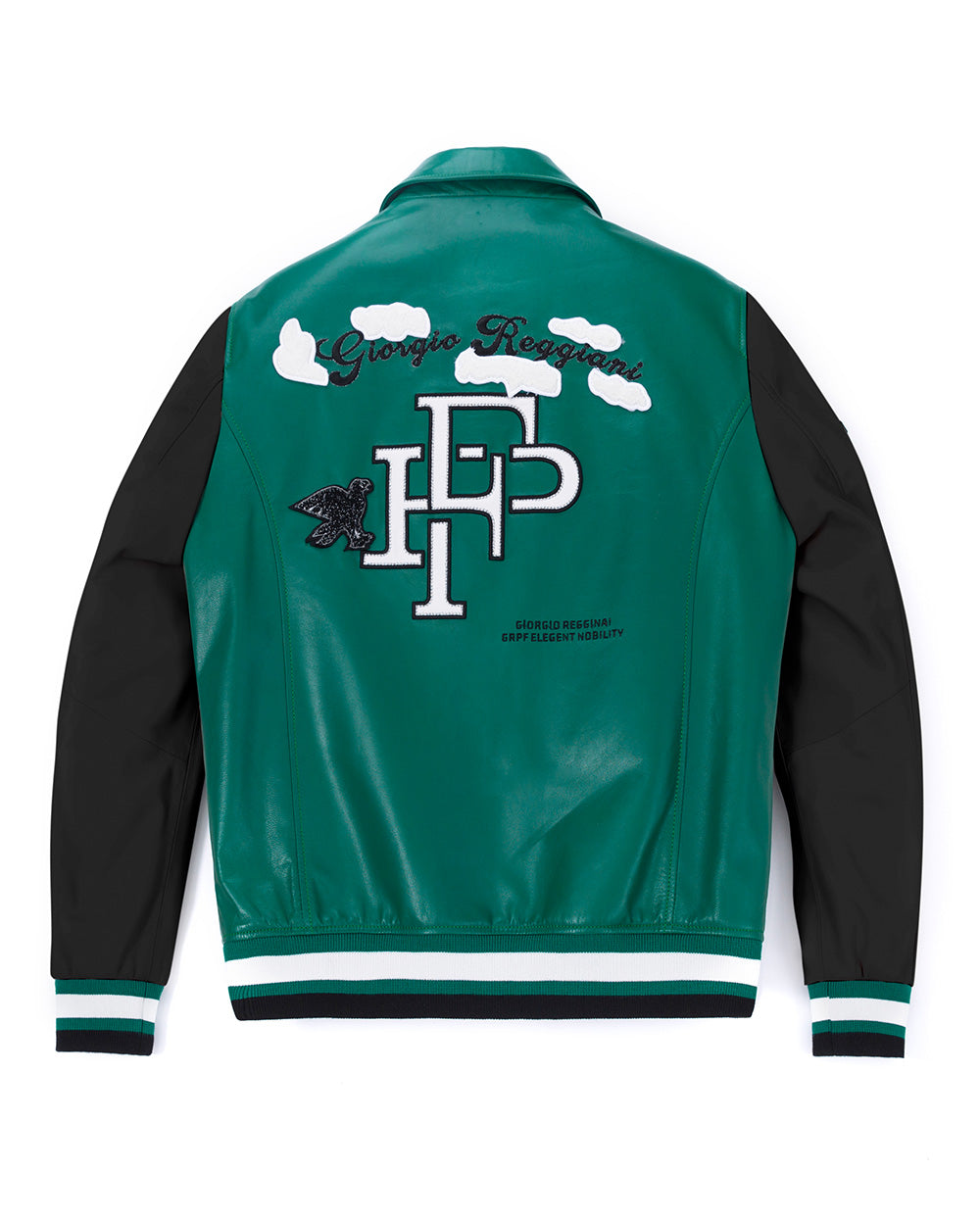 Black-Green Lambskin Letter Patched Leather Varsity Bomber Jacket