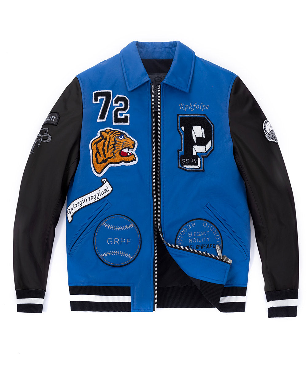 White/Black-Blue Lambskin Patched Leather Bomber Jacket
