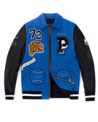 White/Black-Blue Lambskin Patched Leather Bomber Jacket