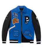 White/Black-Blue Lambskin Patched Leather Bomber Jacket