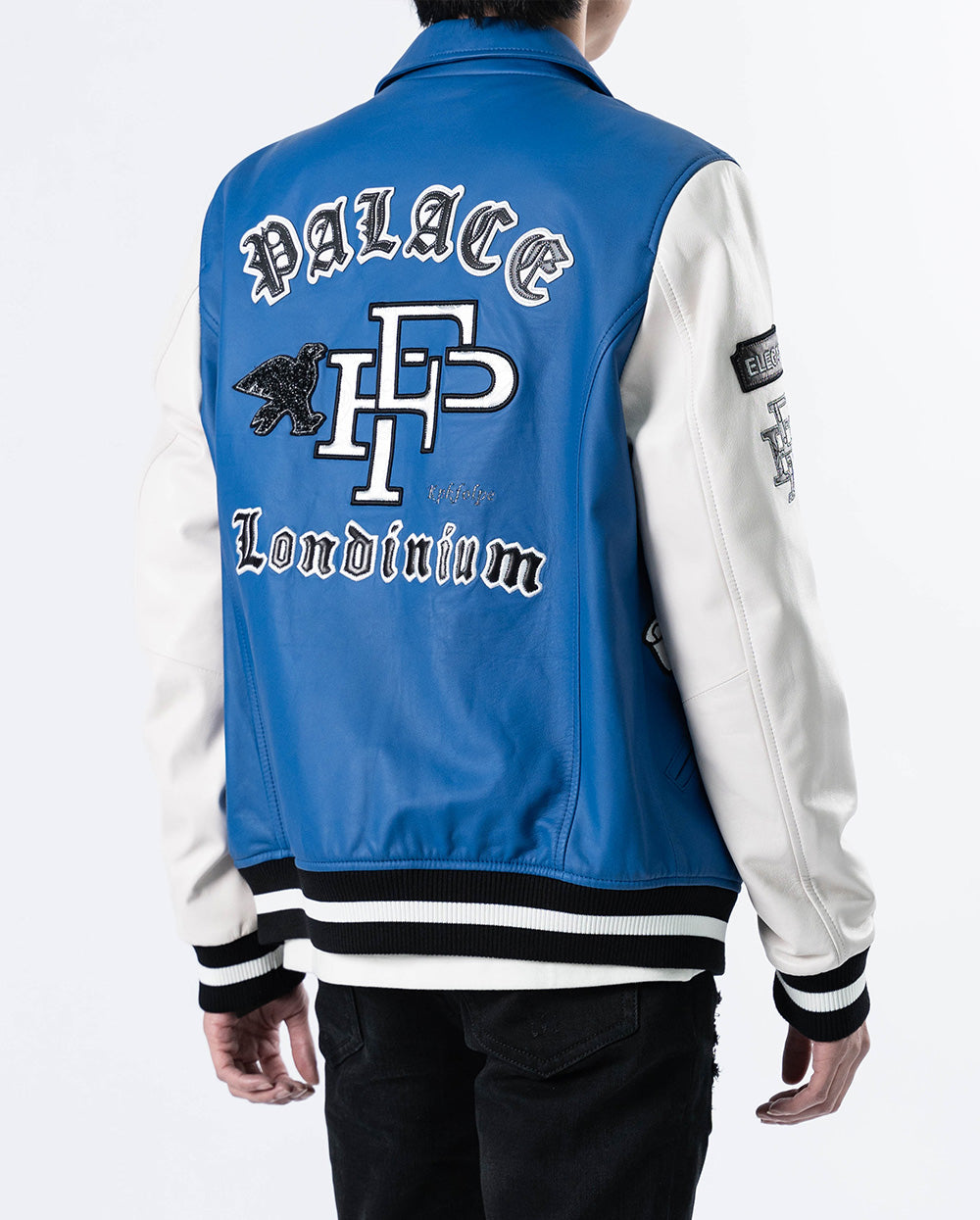 White/Black-Blue Lambskin Patched Leather Bomber Jacket