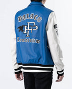 White/Black-Blue Lambskin Patched Leather Bomber Jacket