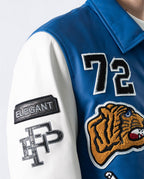 White/Black-Blue Lambskin Patched Leather Bomber Jacket