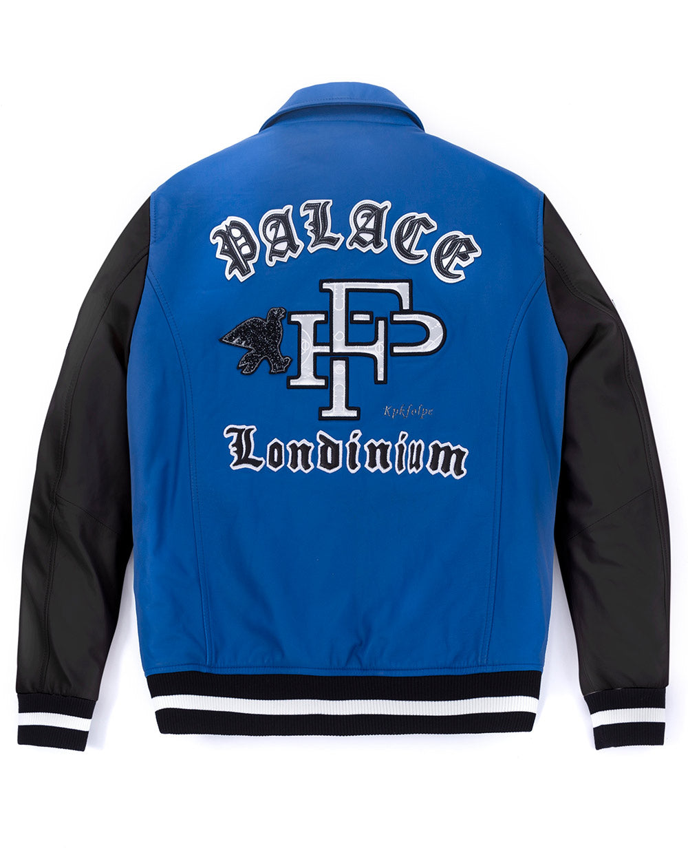White/Black-Blue Lambskin Patched Leather Bomber Jacket