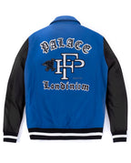 White/Black-Blue Lambskin Patched Leather Bomber Jacket