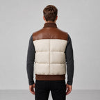 Men Two Tone Genuine Leather Puffer Vest With Quilted Zip Up Style