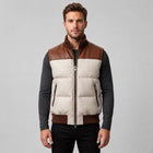 Men Two Tone Genuine Leather Puffer Vest With Quilted Zip Up Style