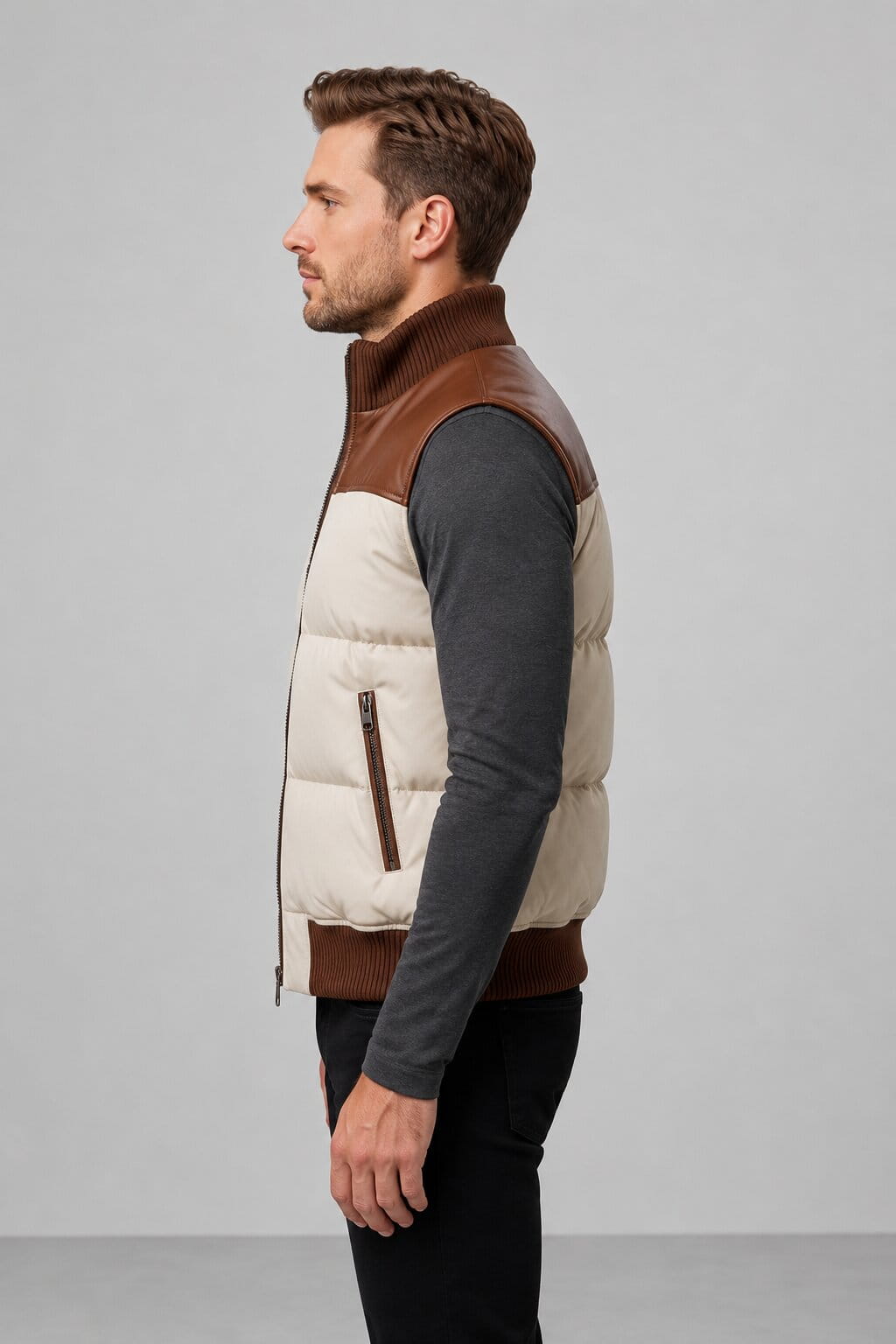 Men Two Tone Genuine Leather Puffer Vest With Quilted Zip Up Style