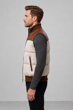 Men Two Tone Genuine Leather Puffer Vest With Quilted Zip Up Style