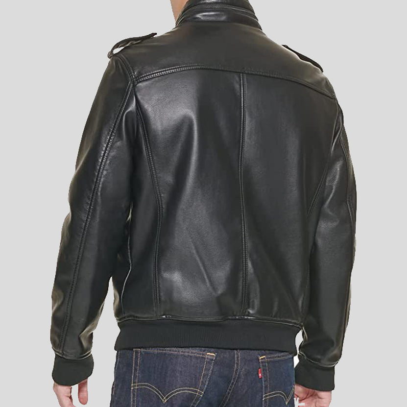 Mens Black Faux Leather Sherpa Aviator Bomber Jacket