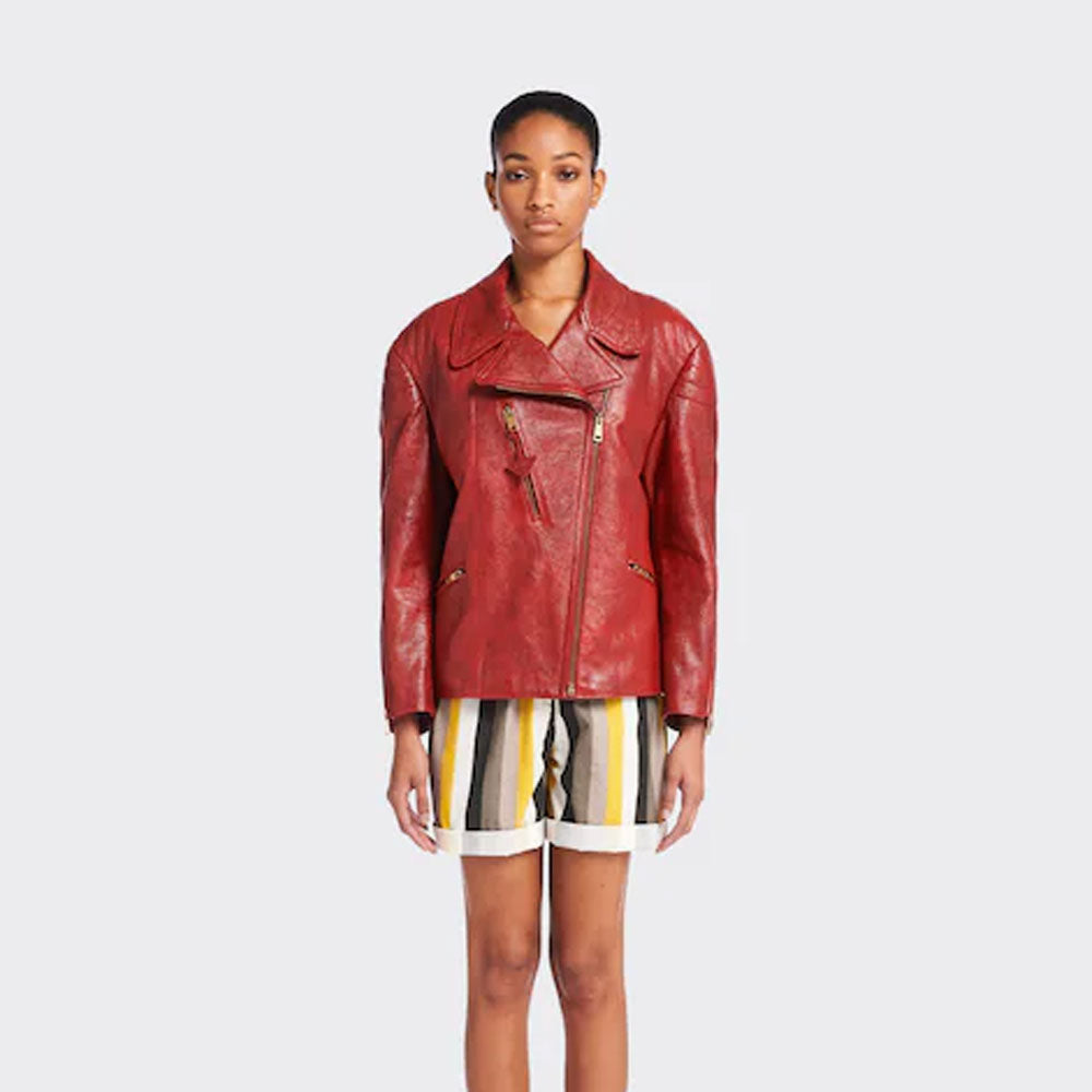 Women Red Sheepskin Riding Leather Motorcycle Biker Jacket