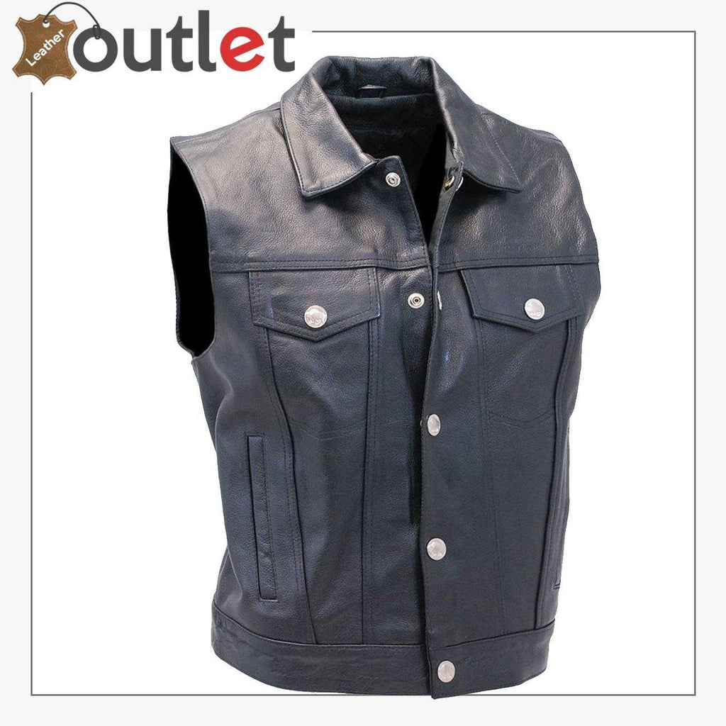 Men's Classic Black Leather Collar Style Motorcycle Vest